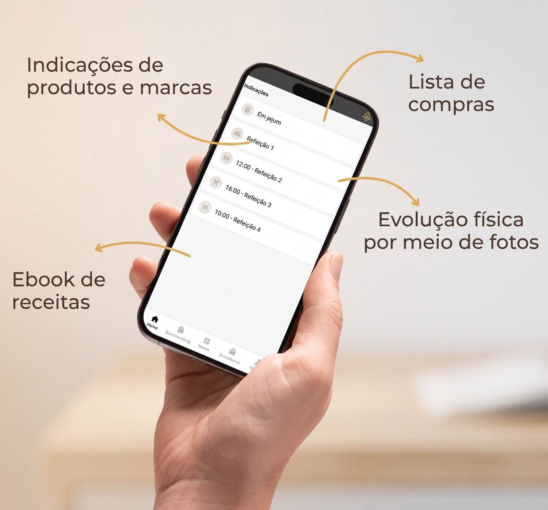Mockup do app Webdiet com tópicos: ebook de receitas, guia para o mercado, lista de compras, indicações de produtos, diário alimentar, evolução por fotos