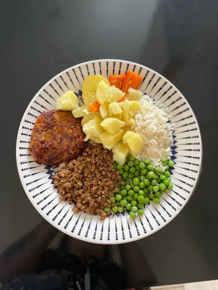 Prato colorido com arroz, feijão, legumes e proteína